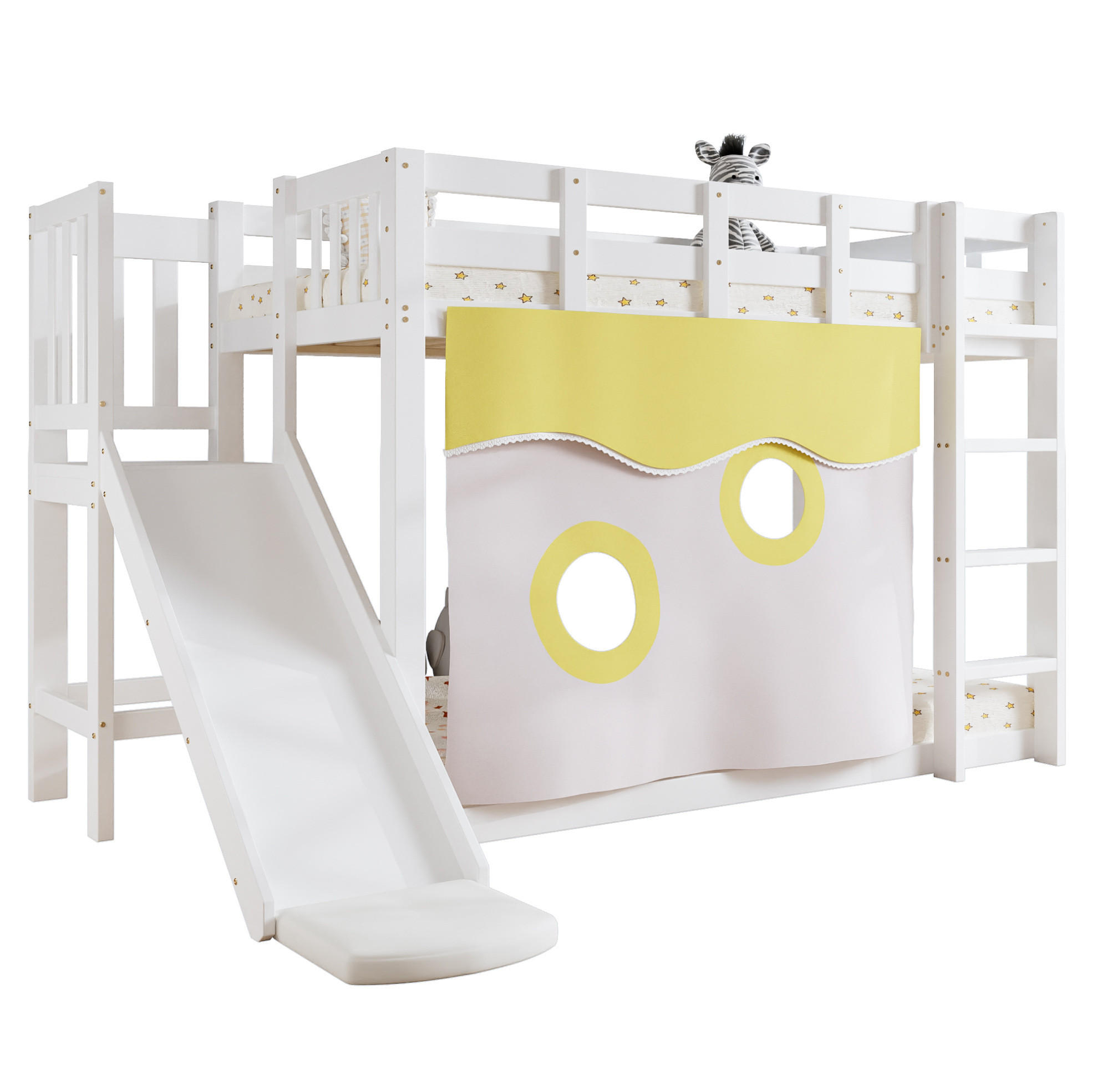 Modfu PATROVÁ postel z borovice a MDF 244,5x165x140,5 cm bílá s tobogánem, schůdky, zábranami a závěsem