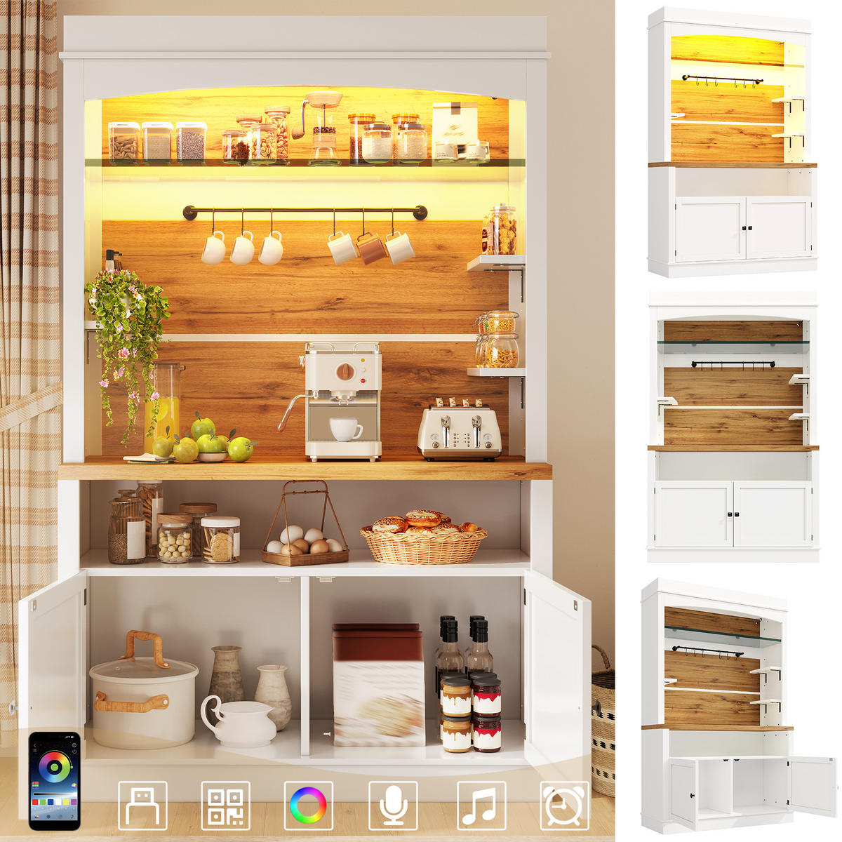 KÜCHENSCHRANK-SET in Weiß mit LED-Beleuchtung und offenem Regal für Küche, B107/T43/H184 cm - Weiß, Glas/Holzwerkstoff (107/184/34cm) - STILVORA