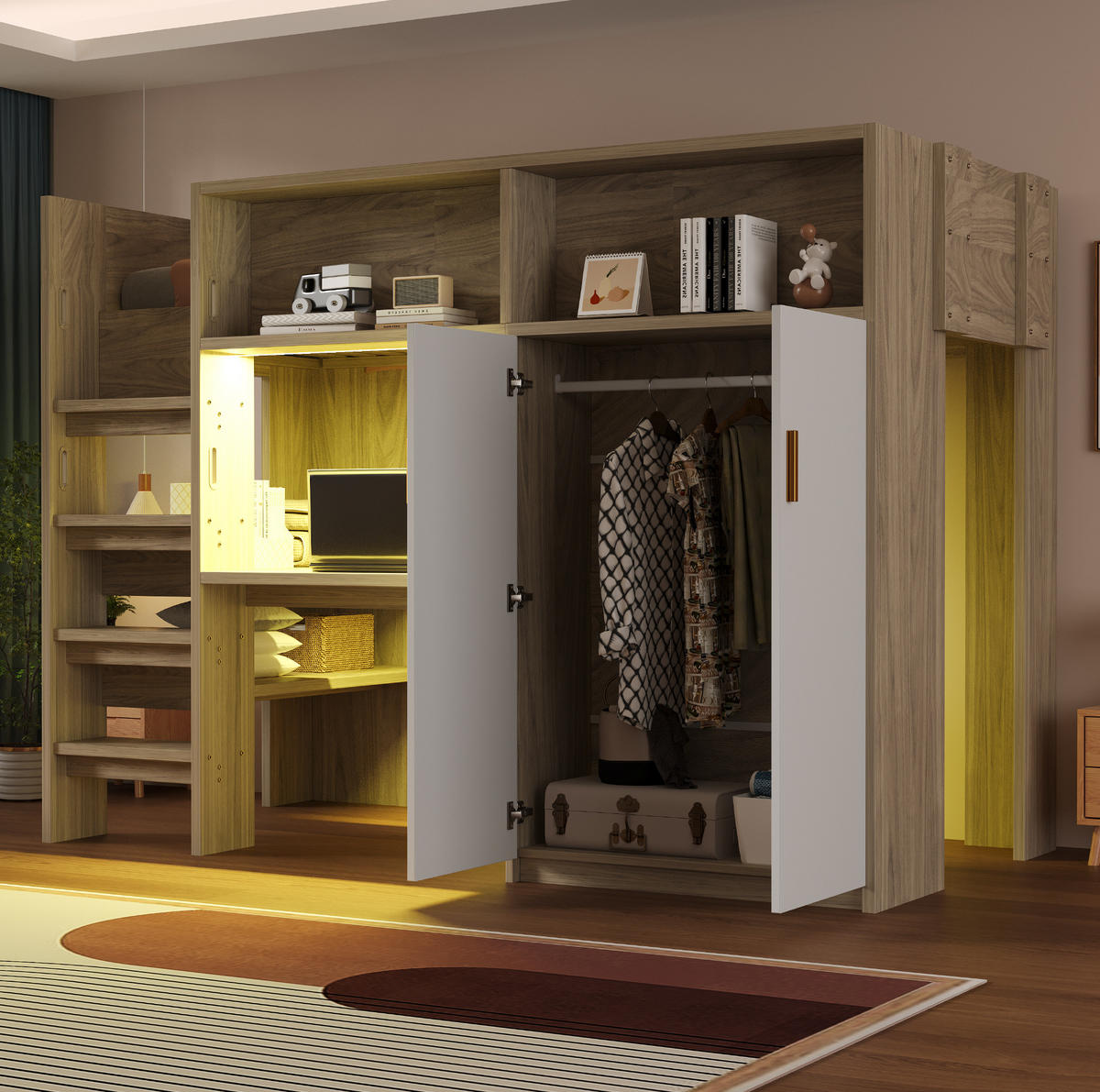 HOCHBETT 90x200 cm in Holzfarbe mit Schreibtisch, Kleiderschrank und LED-Beleuchtung - Naturfarben, Holzwerkstoff (90/200cm) - IVMEU