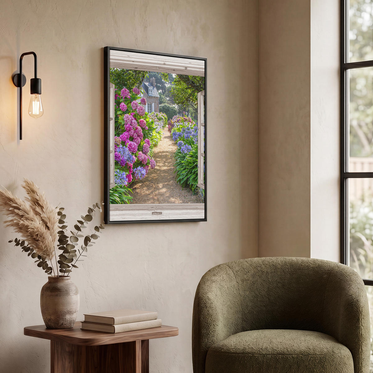 LEINWAND Bilder mit Rahmen - Hortensie - Durchsichtig - Blumen - Sommer - Lila - Weg - 60x80 - Lila, Textil (60/80cm) - MuchoWow
