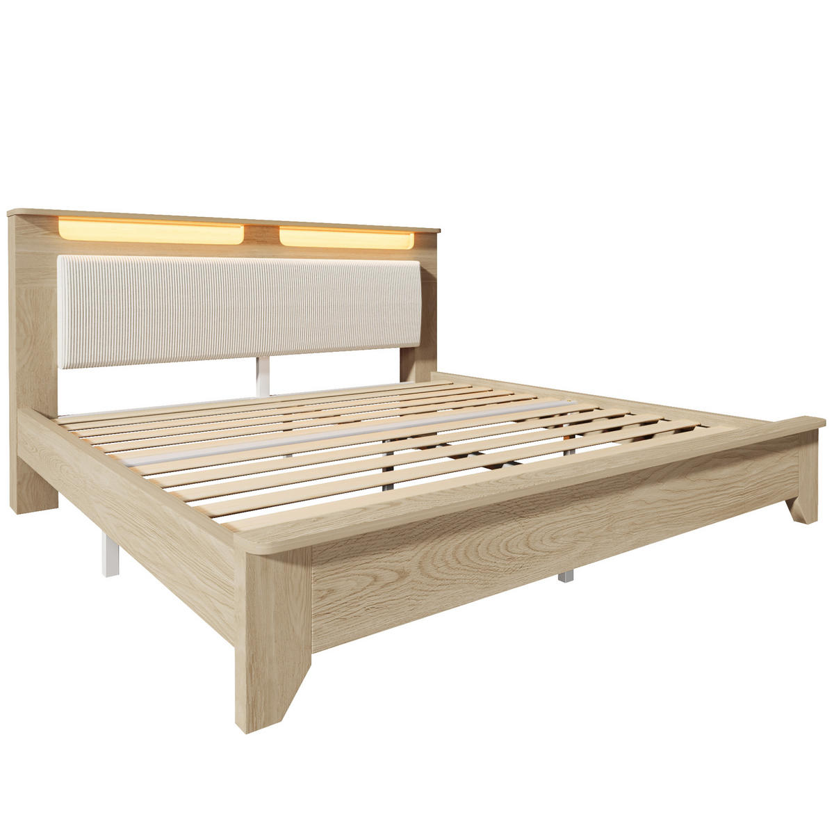 DOPPELBETT 160/200 cm mit LED-Beleuchtung, Kopfteil mit Stauraum, Cord und Matratze, Eichefarben/Beige - Beige, Textil (160/200cm) - Redom