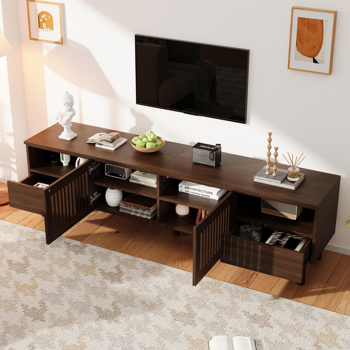 TV komoda 180/40/51 cm s rešetkastim vratima i ladicama u izgledu orahova drva - boje oraha/prirodne boje, drvni materijal (180/51/40cm) - CHICFURN