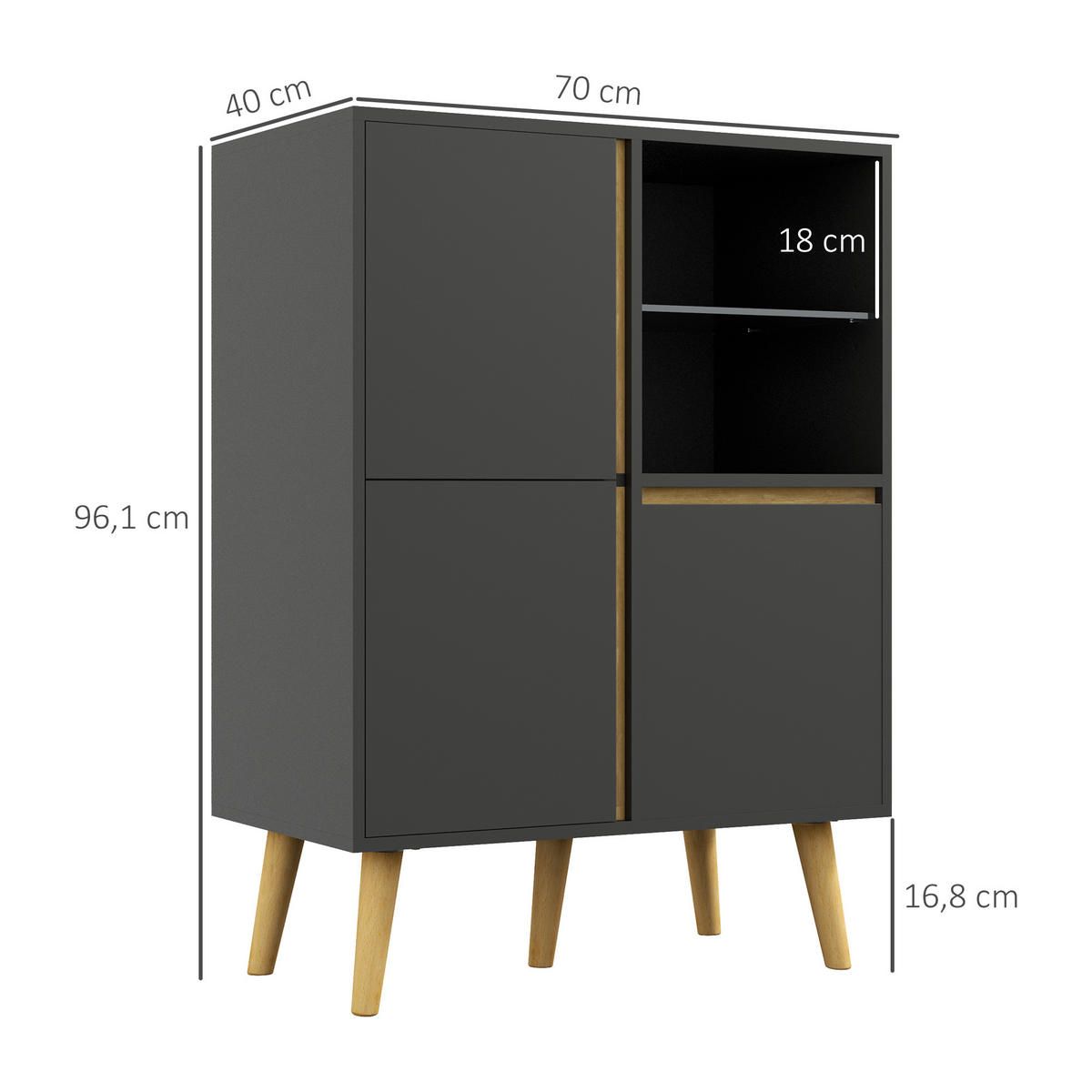 SIDEBOARD DE-11056 Verstellbare Böden & Massivholzfüße Dunkelgrau - Dunkelgrau, Holzwerkstoff (70/96.1/40cm) - ComfortXL