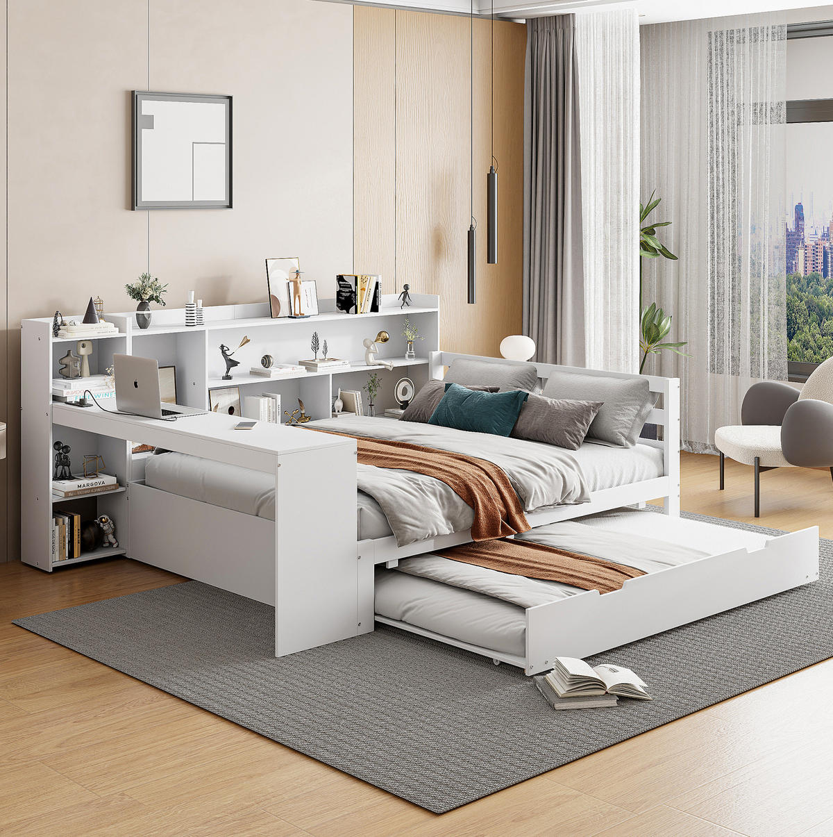 BETT 140/200 cm aus Massivholz mit Ausziehbett, Schreibtisch und Stauraum - Weiß, Holz (140/200cm) - Flora Grace