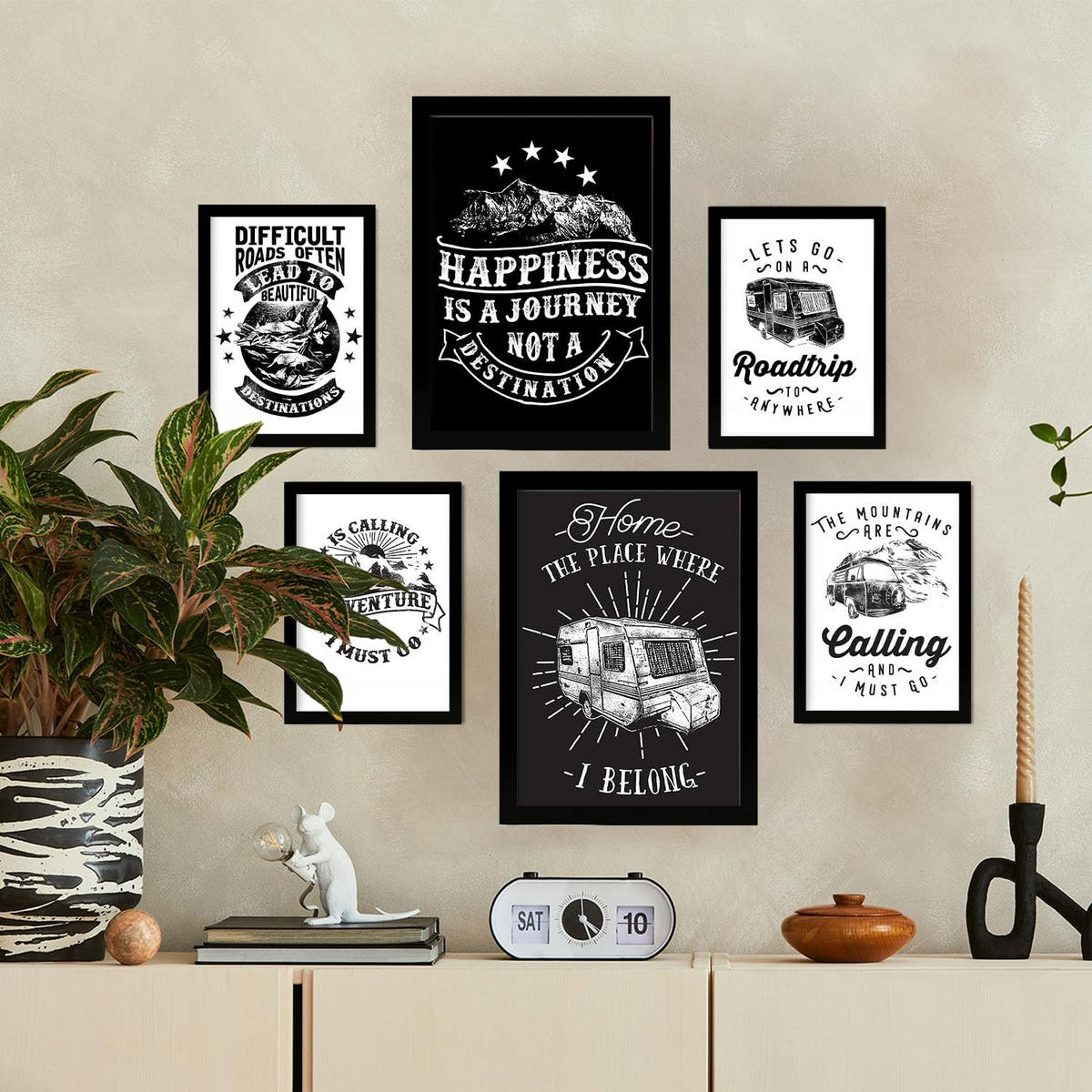 POSTER Set Mit 6 Reisen In Rustikale Zitate A3 & A4 Schwarzer Rahmen - Schwarz, Papier (29/3cm) - Nacnic