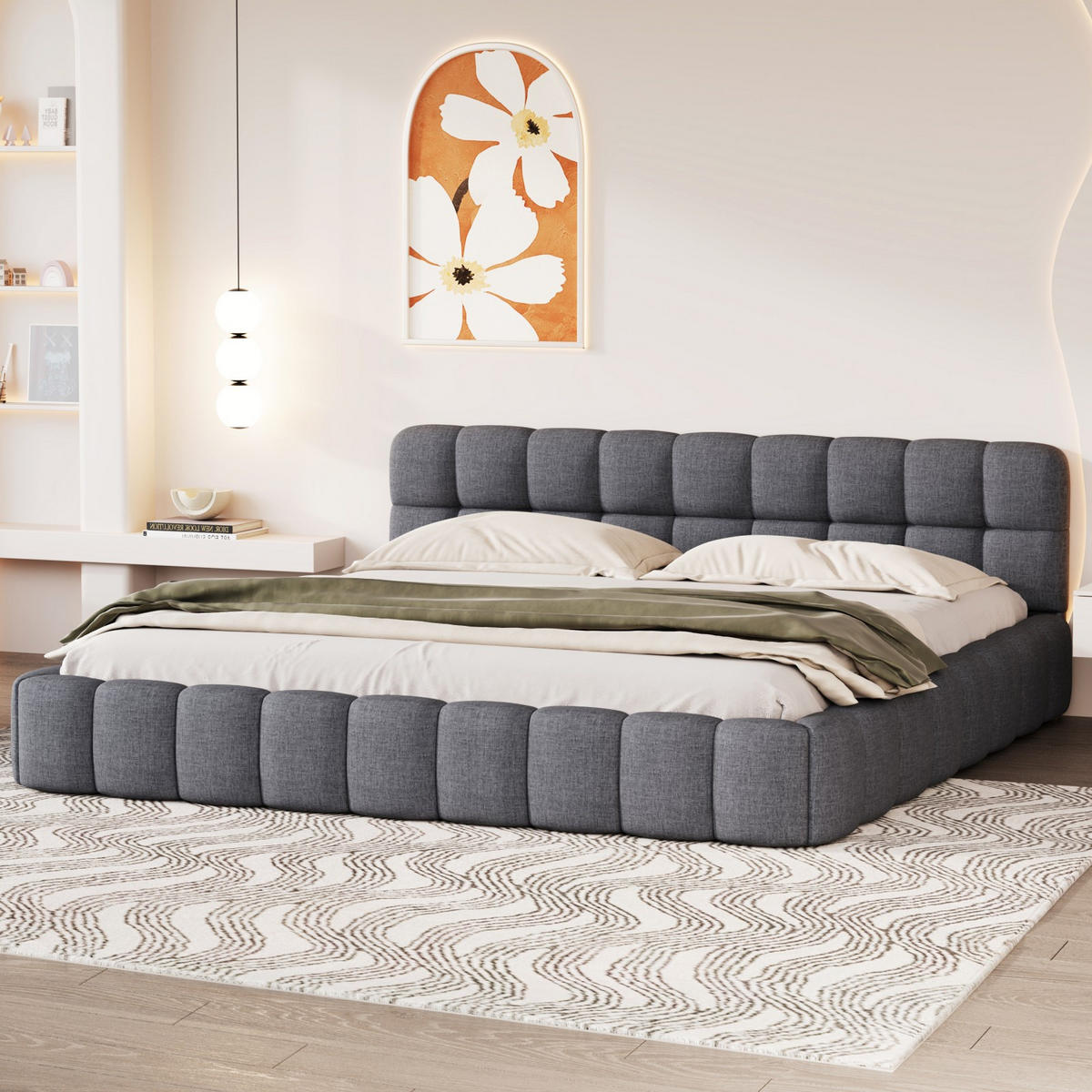 POLSTERBETT 160x200 cm Fleur Cloud mit Blumenrand-Design und weicher Rückenlehne, Leinen-Optik Grau - Grau, Textil (160/200cm) - DELFA