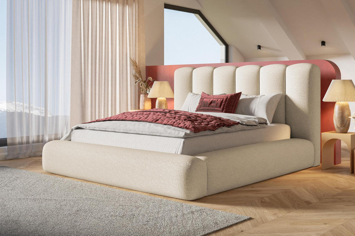 BETT 180x200 - Polsterbett mit Bettkasten und Holzrahmen - Modern Bett - Eleganter Catch Me-Stoff - Kollektion Alva Maxi - Beige - Beige, Holz/Textil (180/200cm) - Alpi-Möbel