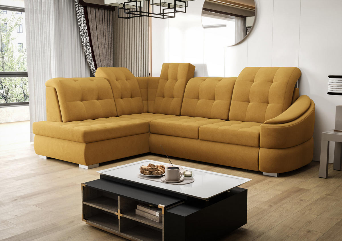 ECKSOFA KONGO RBN09, Eckcouch in L-Form mit Schlaffunktion, Farbe: Gelb, Velourstoff, Ottomane Links - Gelb, Textil (260/180cm) - O-Sofa