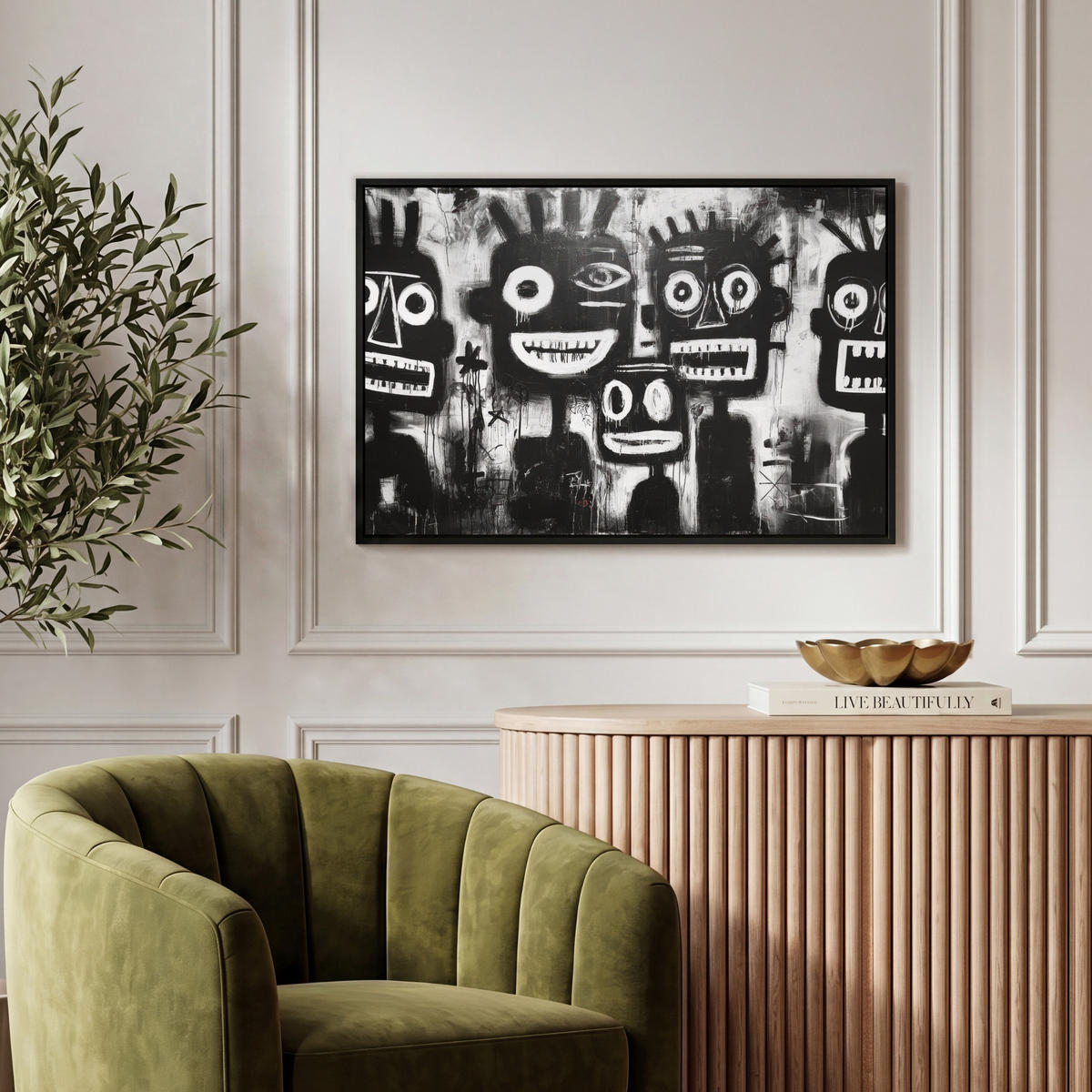 LEINWAND Bilder mit Rahmen - Malerei - Figuren - Schwarz - Abstrakt - 60x40 - Schwarz, Textil (60/40cm) - MuchoWow
