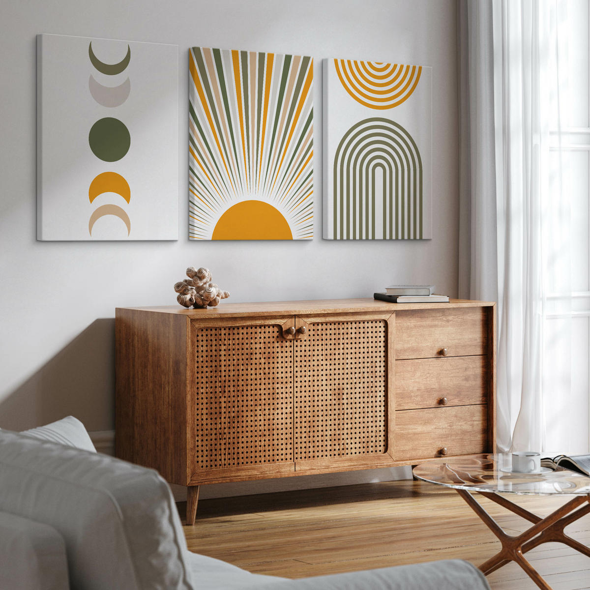 LEINWANDBILDER 3-es Set Geo-Muster Boho - Weiß/Orange, Textil (90/40cm) - Muralo