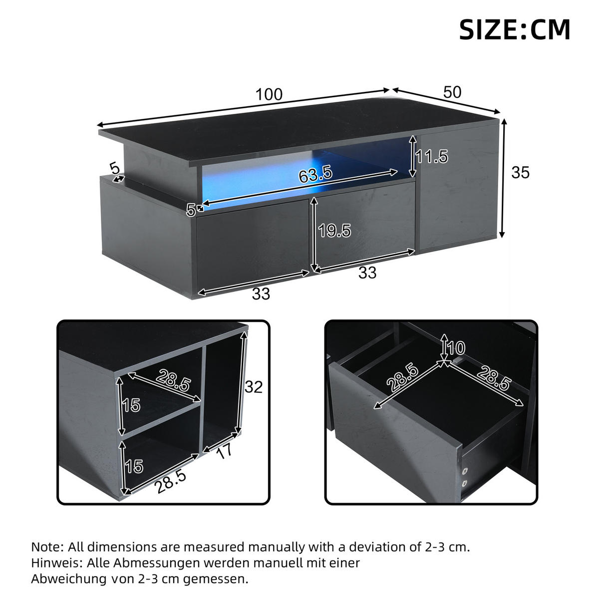 COUCHTISCH 100/50/35 cm mit LED-Beleuchtung, 2 Schubladen und 3 Ebenen in Hochglanz, Schwarz - Schwarz, Holzwerkstoff (100/50/35cm) - Redom