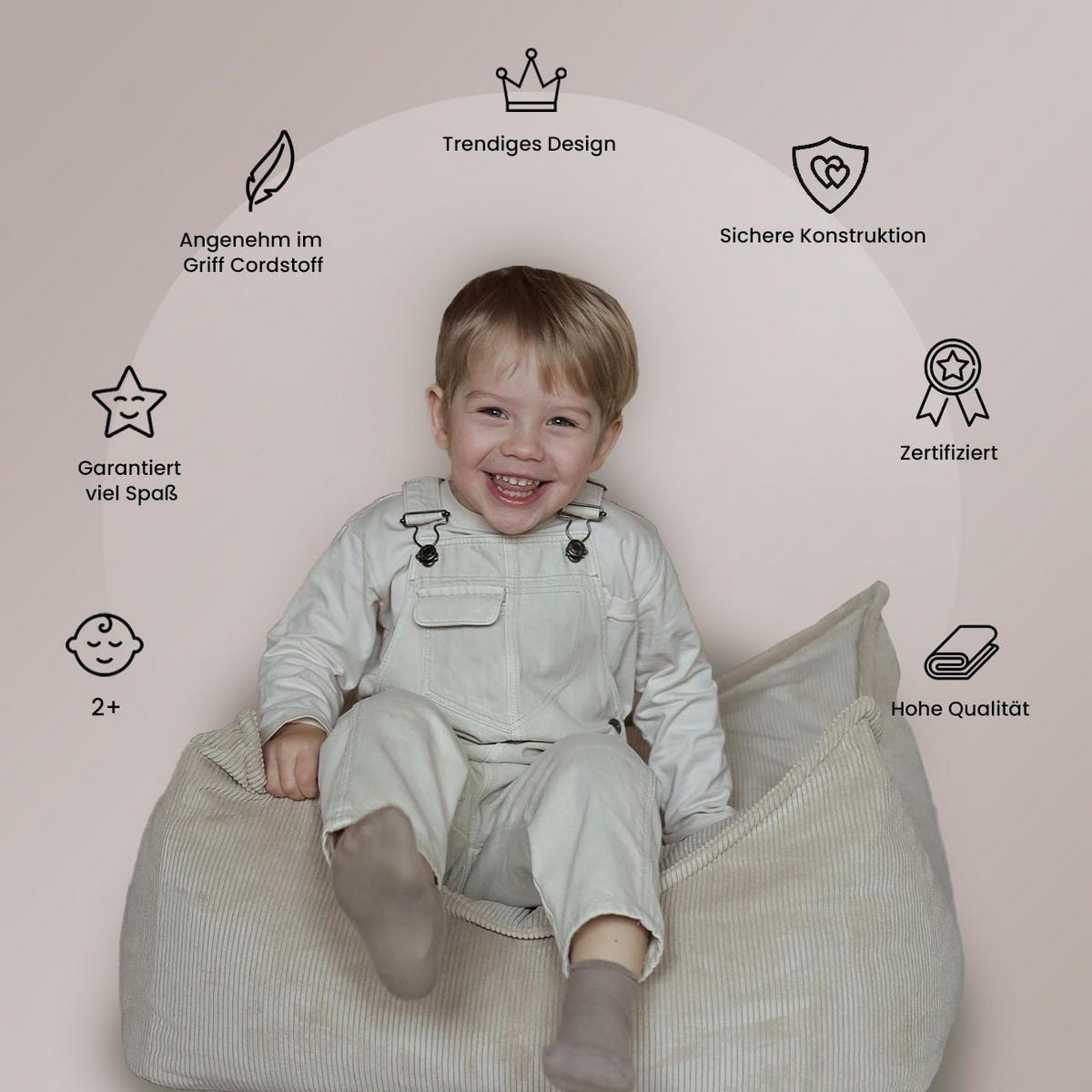 SITZPOUF für Kinder, Rund, Kord, Grau - Grau, Textil (65/20/65cm) - MeowBaby