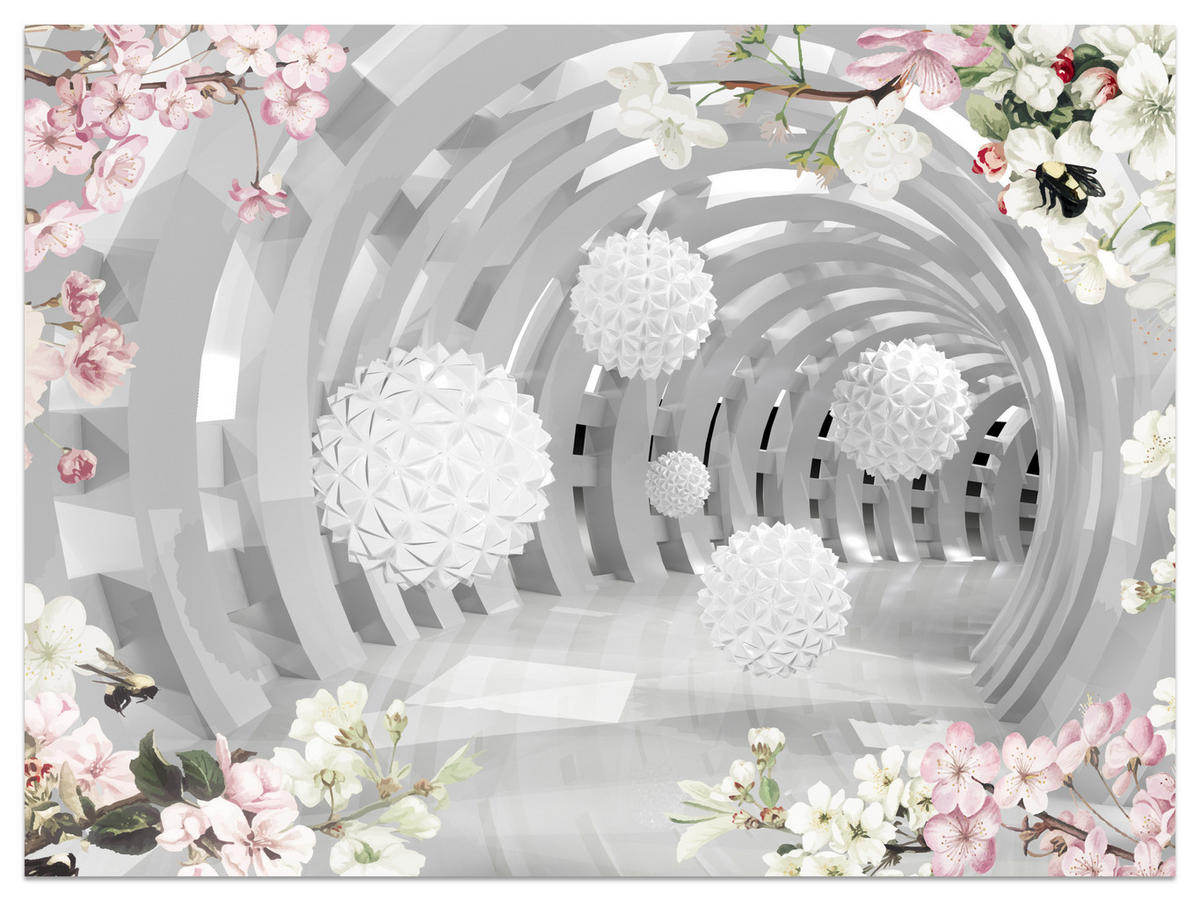 FOTOTAPETE für Wohnzimmer Tunnel mit BLUMEN KUGELN Floral Perspektive 500x350 - Rosa/Weiß, Papier (500/350cm) - Muralo