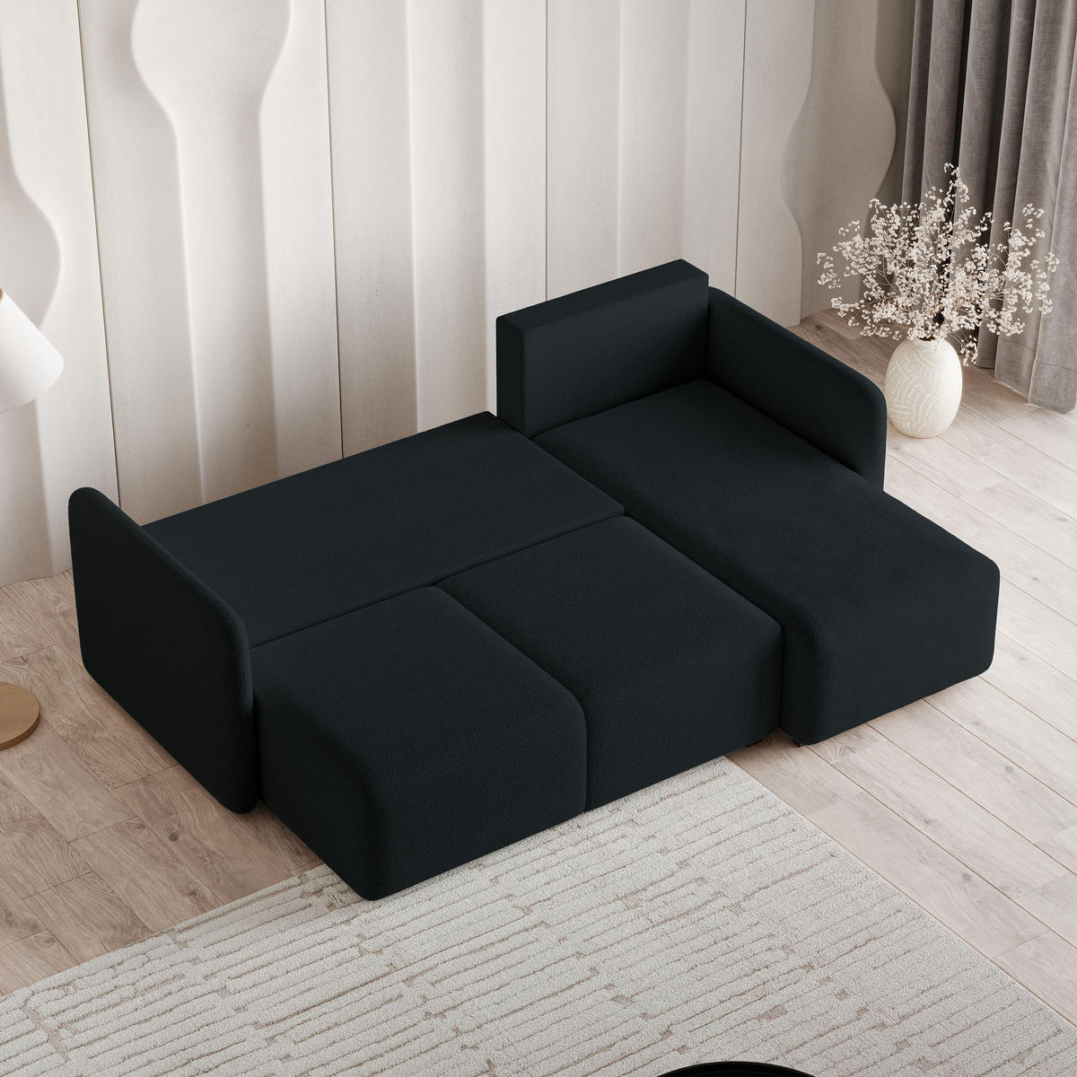 ECKSOFA SUVINO Schwarz Boucle-Stoff mit Schlaffunktion - Schwarz, Holz (230/143cm) - MASSENO