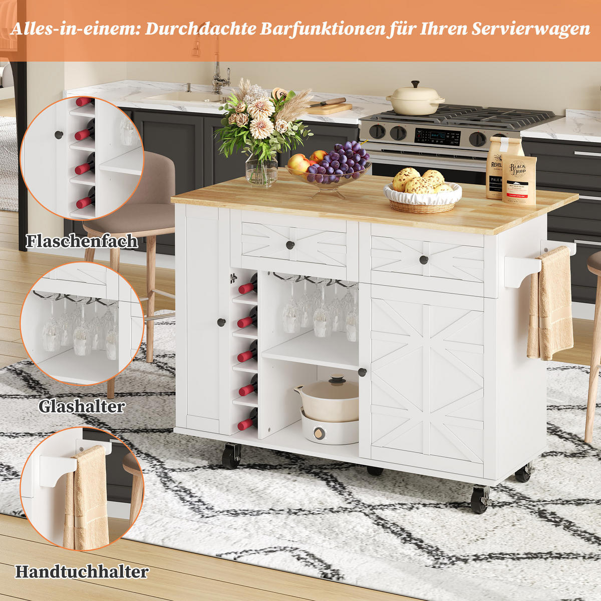 KÜCHENINSEL 120x70x89cm Weiß mit Klappplatte,Schubladen,Weinregal & Rollen - Weiß, Holzwerkstoff (120/89/70cm) - Modfu