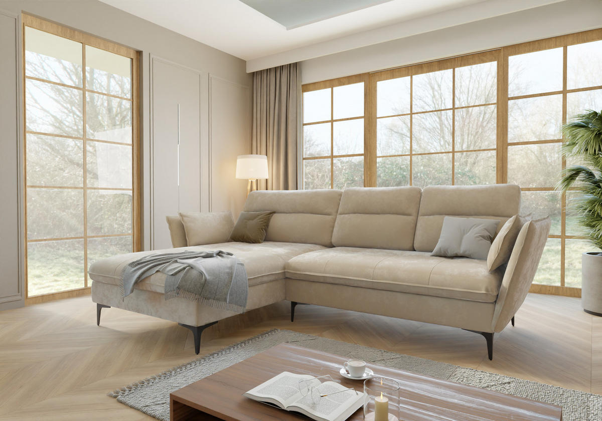 ECKSOFA Mira Beige Samt-Stoff - Beige/Schwarz, Textil/Metall (260/168cm) - S-Style Möbel