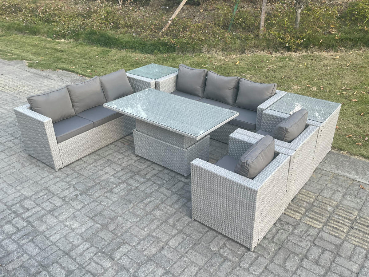 GARTENSOFA SET mit höhenverstellbarer Tisch Polyrattan Helles Grau 8-Sitzer - Hellgrau, Metall - Fimous