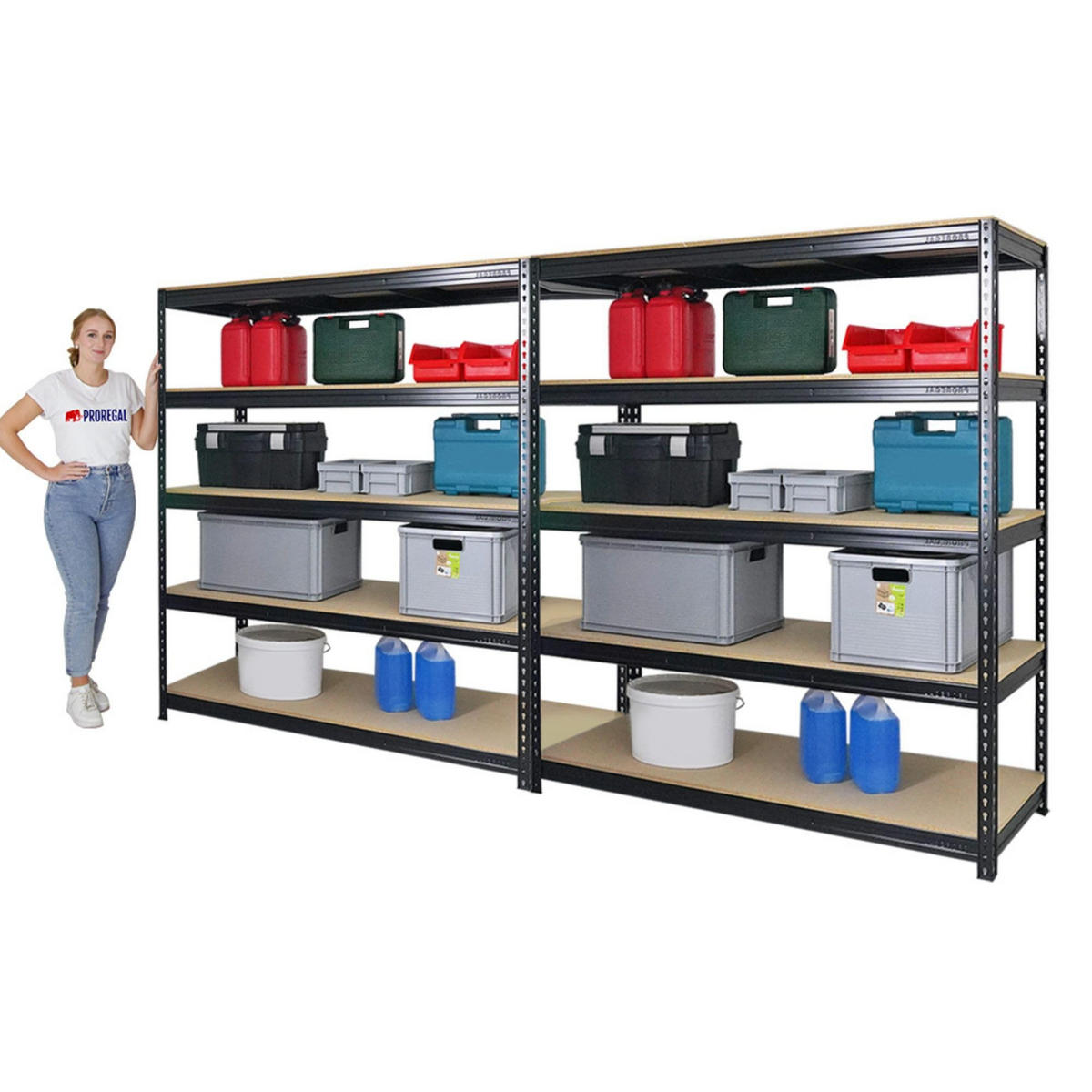 SCHWERLASTREGAL Bison 2er-Set mit 2x 200x180x60 cm 5 Fachböden Fachlast 600 kg Schwarz - Schwarz, Metall (360/200/60cm) - PROREGAL