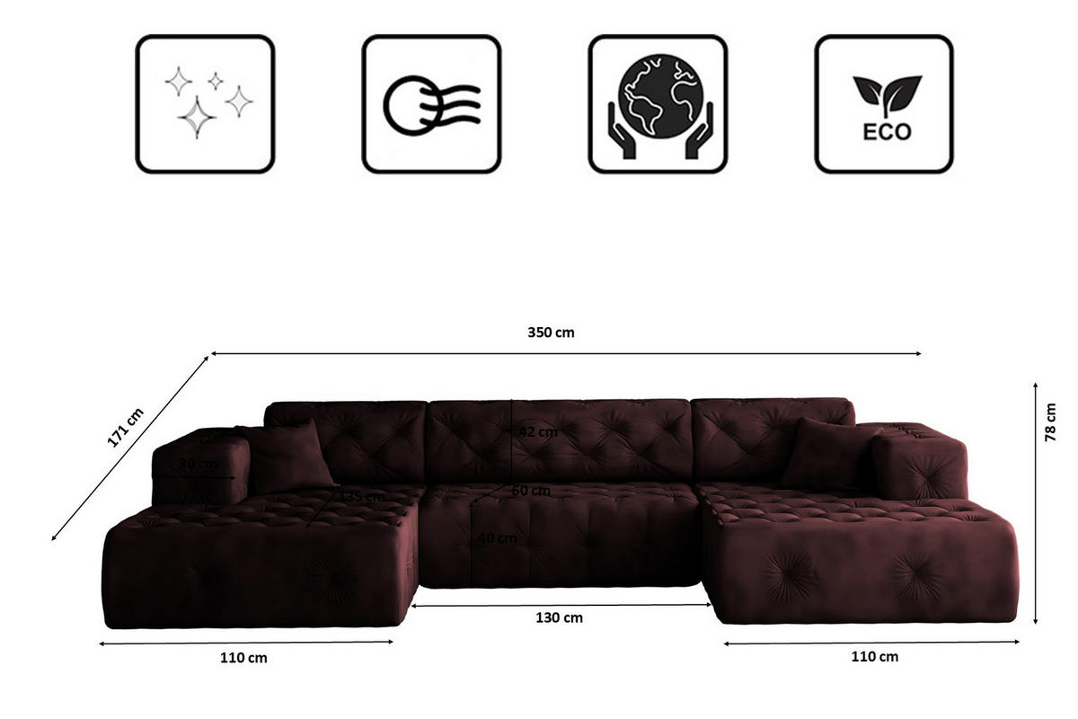 ECKSOFA LUX U-Form, Gesteppt, Stoff Whisper, Rotwein - Dunkelgrau, Holz/Textil (350/171cm) - Kaiser Möbel