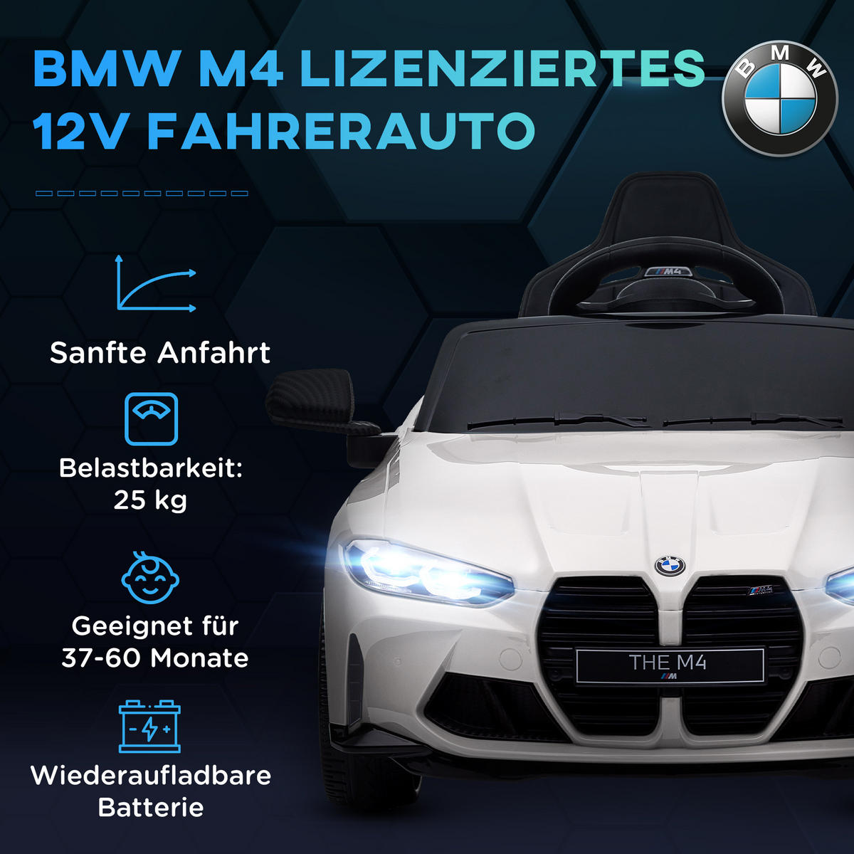 KINDER Elektroauto, Sound & Licht, für 3-5 Jahre, Weiß - Weiß, Kunststoff/Metall (108/69.5/51cm) - AIYAPLAY