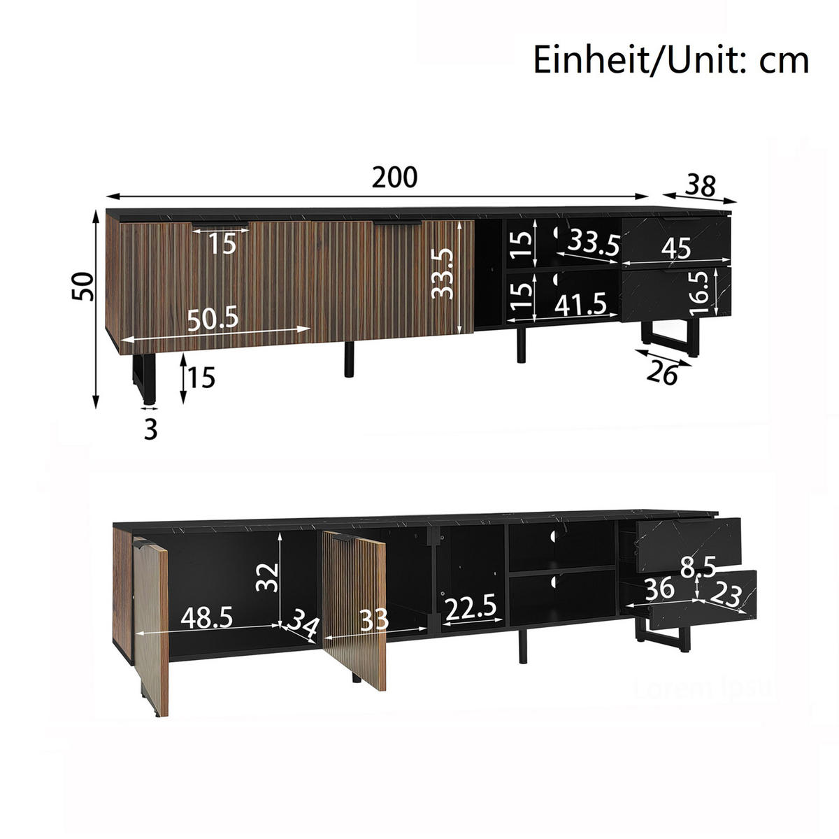 LOWBOARD 200/38/50 cm aus MDF mit LED-Beleuchtung und 15 cm Bodenfreiheit Schwarz (Marmoroptik) - Schwarz, Holzwerkstoff (200/50/38cm) - Modenvie
