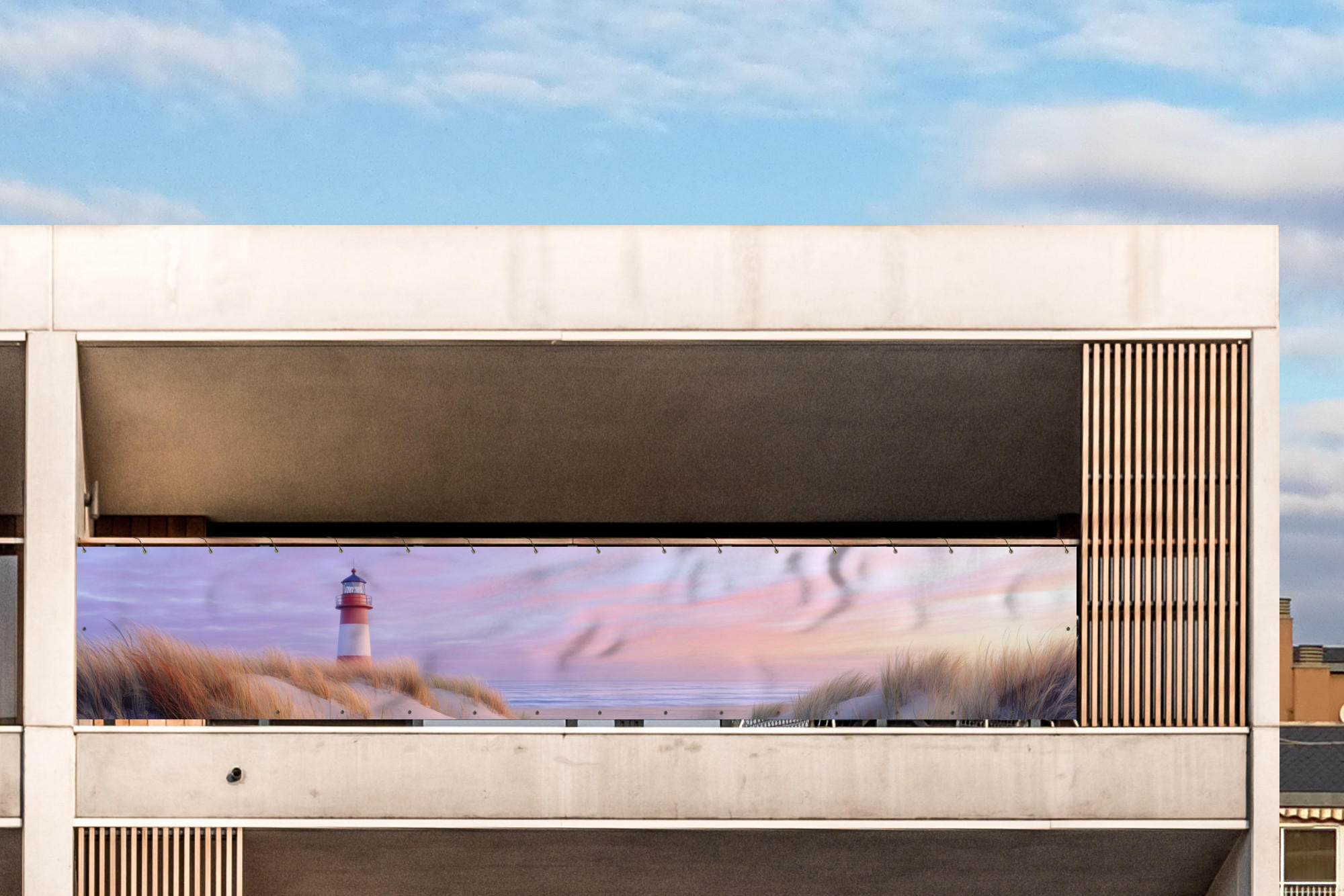 BALKON-SICHTSCHUTZ Leuchtturm - Dünen - Sonnenuntergang 500x90 cm - Hellrosa, Kunststoff (500/90cm) - MuchoWow