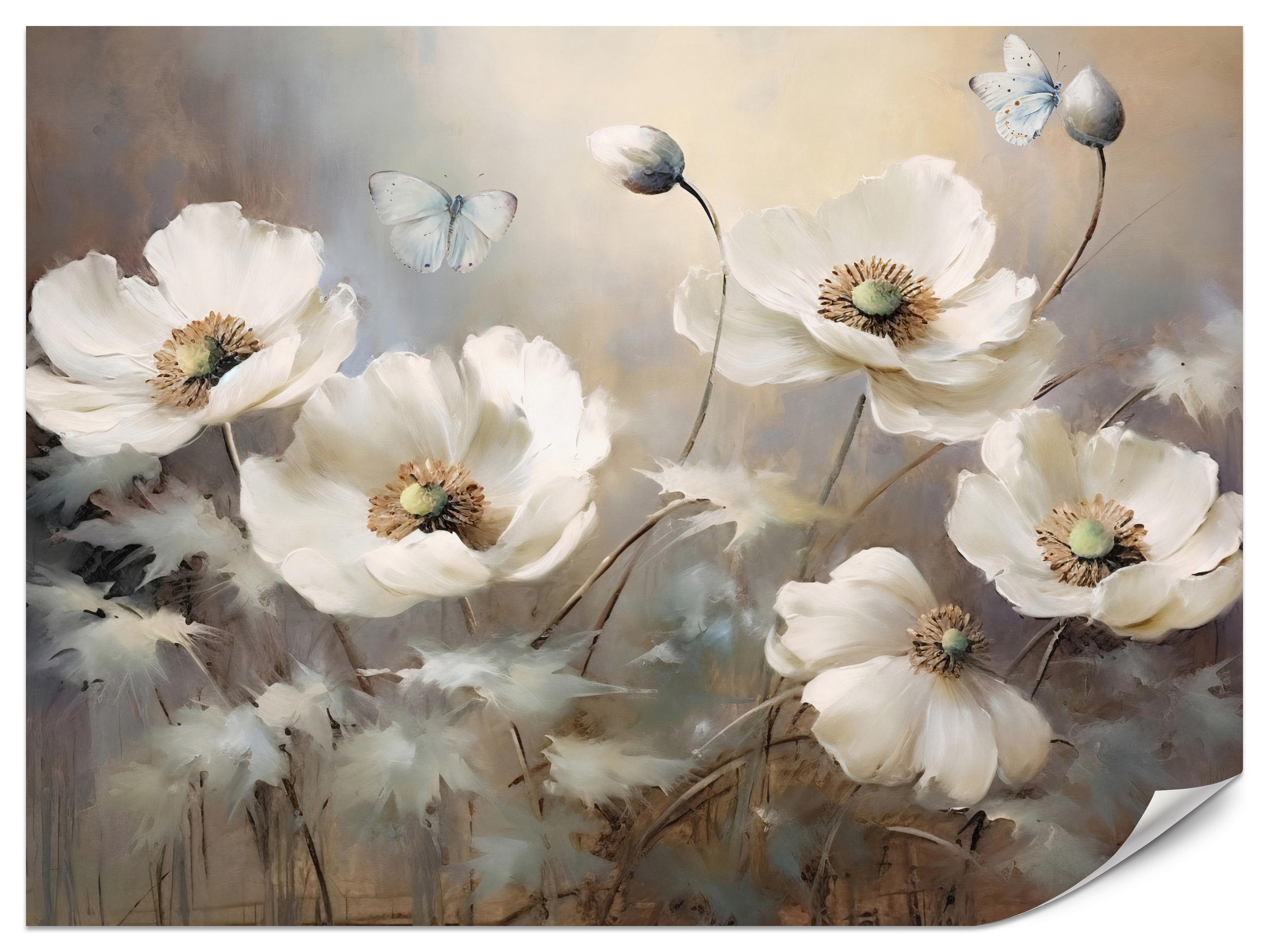 FOTOTAPETE für Schlafzimmer Abstrakte Weiße Mohnblumen Schmetterlinge Aquarell 300x210 - Beige/Braun, Papier (300/210cm) - Muralo
