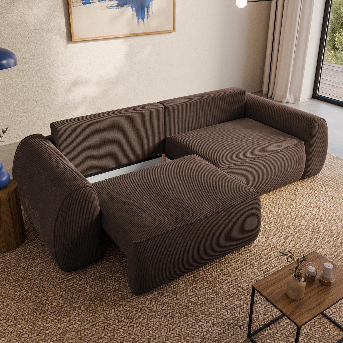 BETTSOFA ZEFEO Braun Kordstoff mit Schlaffunktion - Braun, Textil (264/96/106cm) - MASSENO