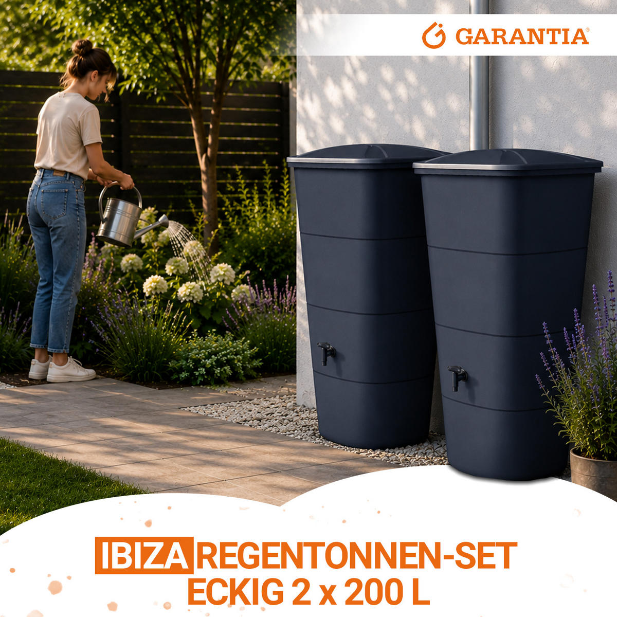REGENTONNEN-SET eckig 400 L, graphite grey 2 x 200L Regentonne eckig inkl. Verbinder - Grau, Kunststoff (59.8/107/129.6cm) - GARANTIA