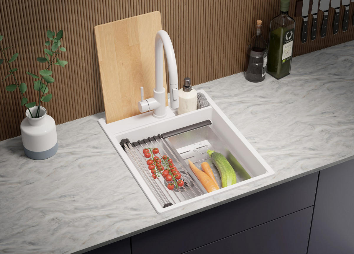 GRANITSPÜLE Oslo Pocket, 2-er set Weiß 43/53 cm 1 Becken + Küchenarmatur 38/14 cm + Ablauf-Set + Küchenzubehörset ab 45er Unterschrank - Chromfarben/Beige, Kunststoff (43/20/53cm) - Primagran