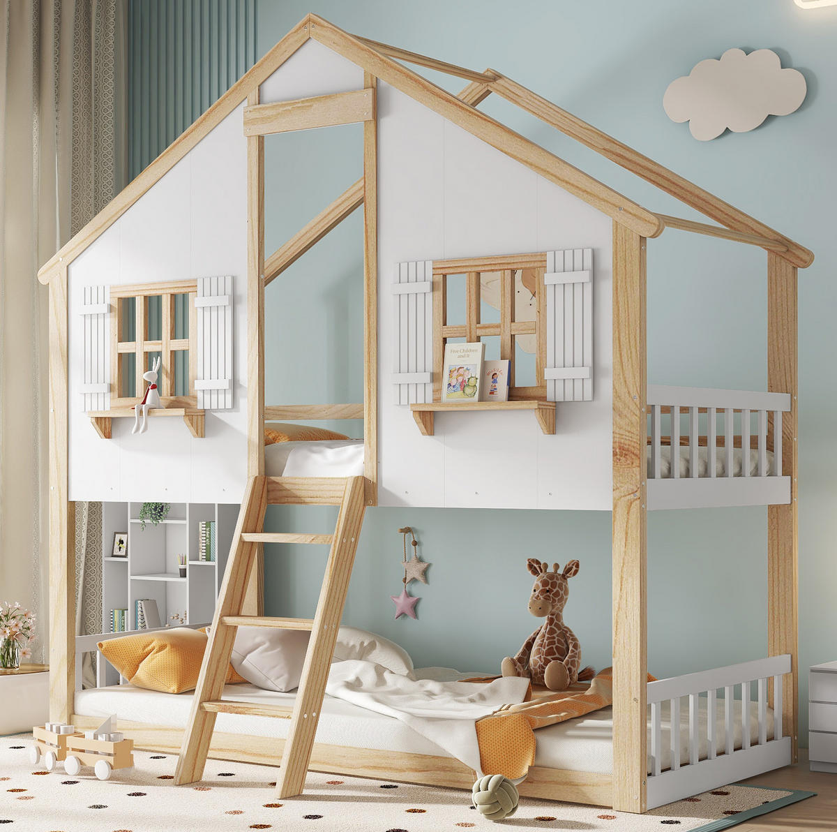 POSCHODOVÁ posteľ 90/200 cm biela/prírodná s oknami a strechou z masívneho dreva a MDF - biela, kompozitné drevo (90/200cm) - OKWISH