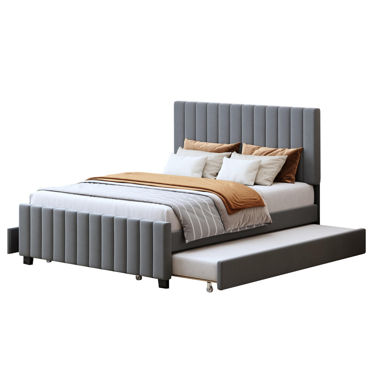 POLSTERBETT 140x190 cm Grau Ausziehbett mit Schubladen Samt - Grau, Holzwerkstoff - FLIEKS