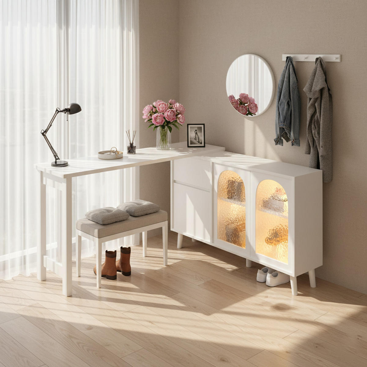 BÜROTISCH Weißer mit Stauraum und Vitrine - Weiß, Glas/Holzwerkstoff (40/120/70cm) - Urban Meuble