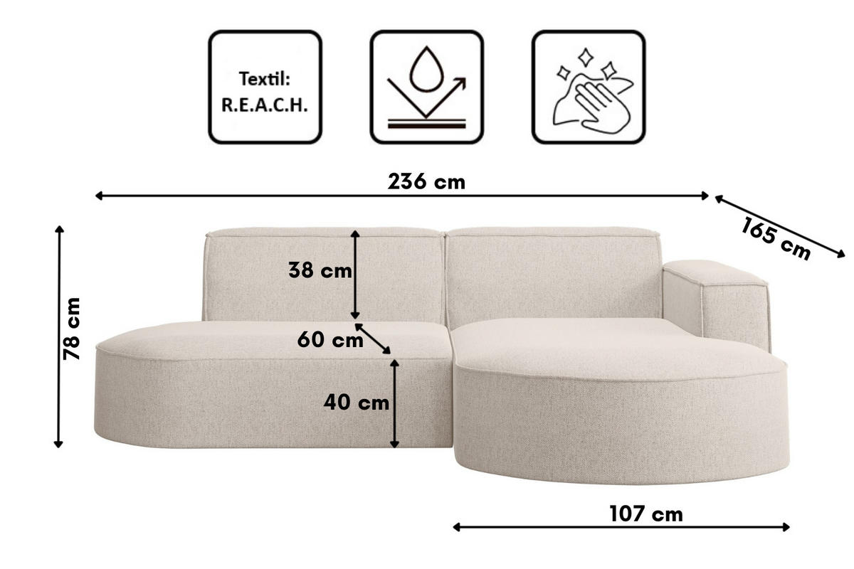 ECKSOFA MODENA L STUDIO Stoff Verita Ecru Rechts - Ecru, Holz (236/165cm) - Kaiser Möbel