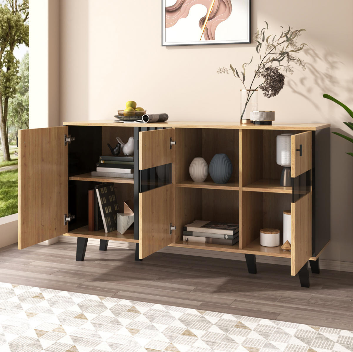 SIDEBOARD 140/41/78,5 cm mit 3 Türen, Glas-Element und LED in Holzfarben - Naturfarben, Holzwerkstoff (140/78/41cm) - BEAOK