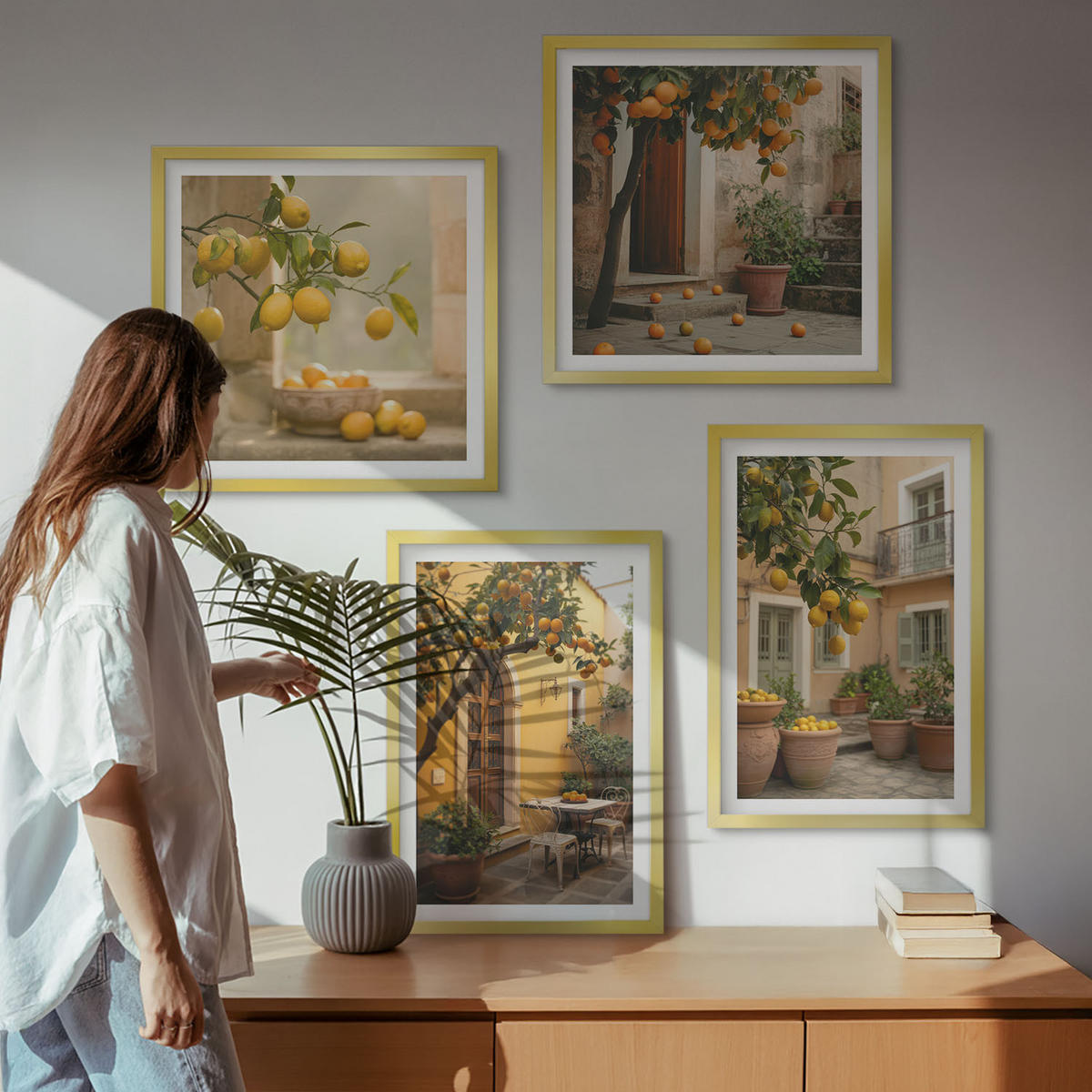 BILDER SET 4er Set - 50x50 cm & 40x60 cm Goldrahmen - Zitrusgarten in der Sonne - Goldfarben, Kunststoff (50/50cm) - TULUP