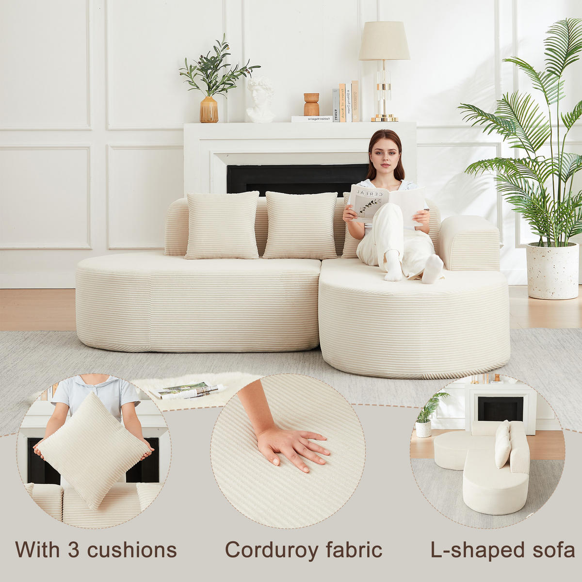 ECKSOFA 220/155/70 cm Beige Cord mit 3 Kissen, Rechte Seite - Beige, Textil (220/155cm) - Oxeza