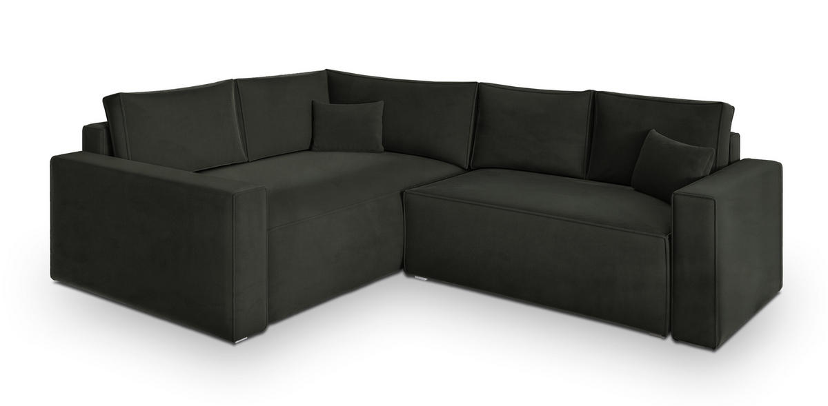 ECKSOFA ERONIS L-S Schwarz Velours-Stoff mit Schlaffunktion - Schwarz, Holz (265/194cm) - MASSENO