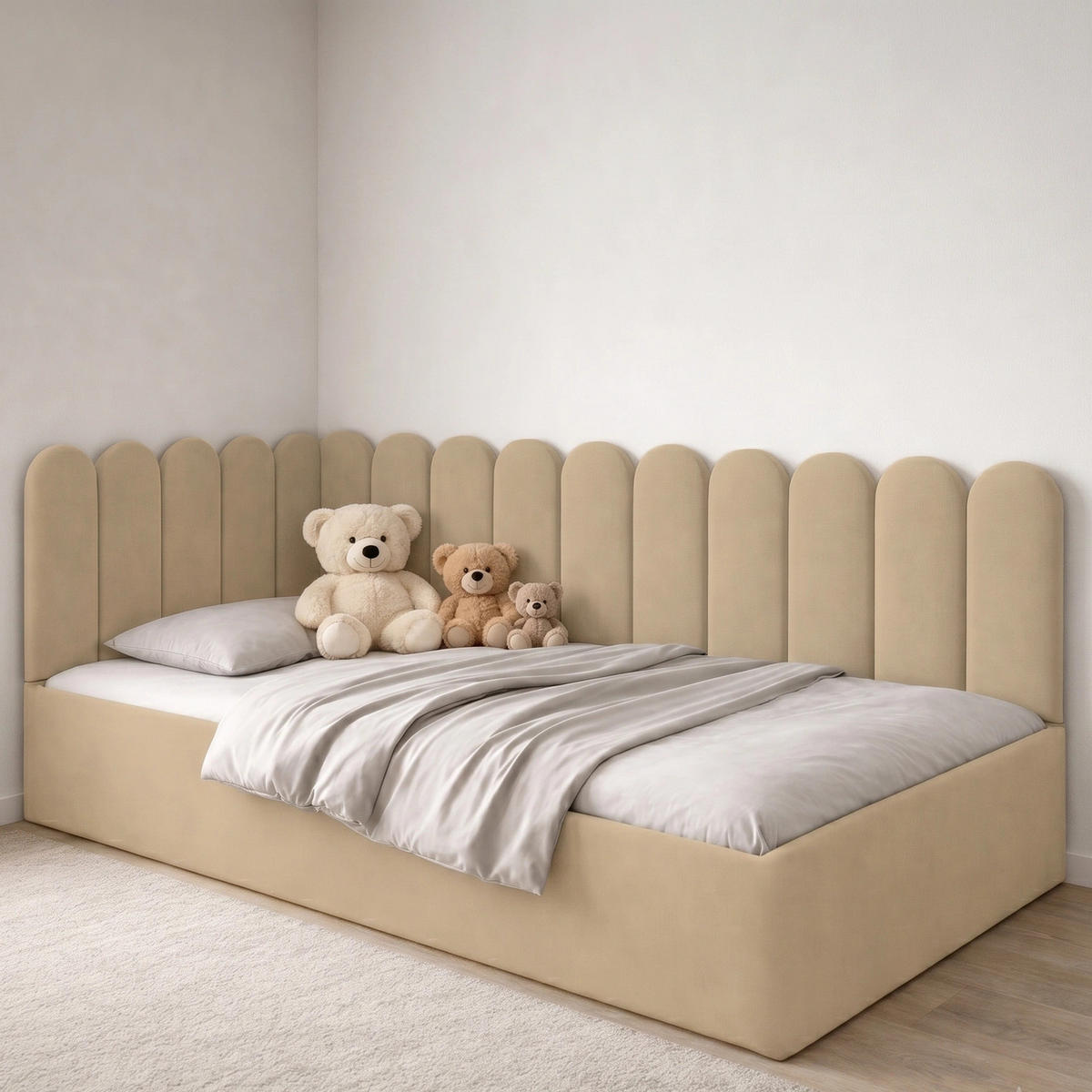 JUGENDBETT Junior Beige Samtvelours mit Wandpaneelen - 120x200 cm - Bettkasten - Beige, Holzwerkstoff/Textil (120/200cm) - Ravio