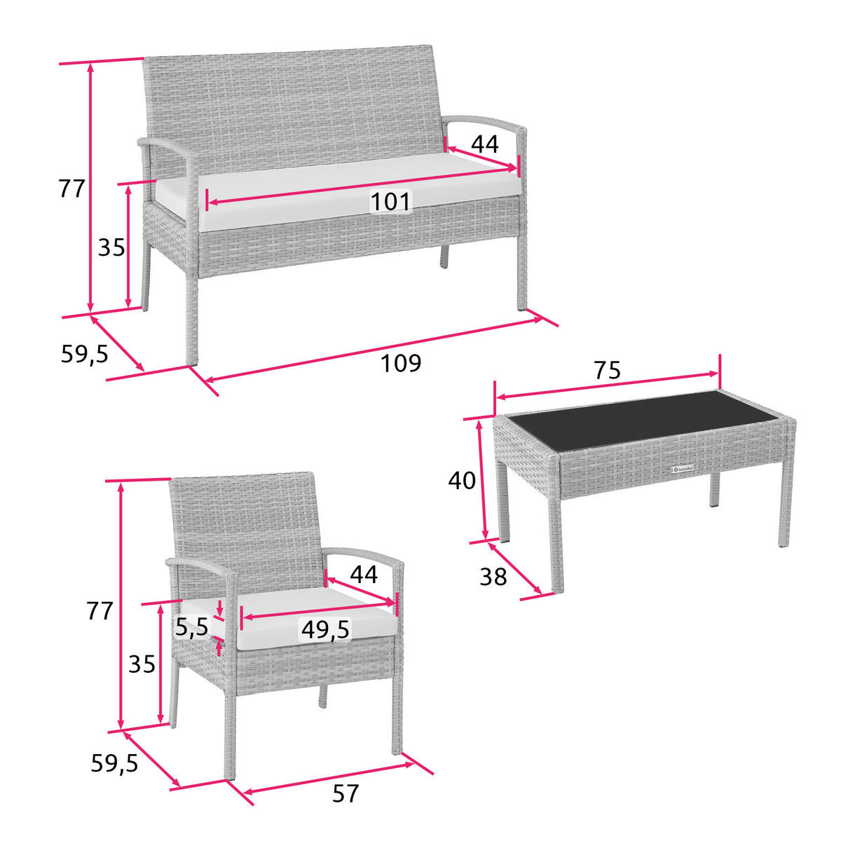 RATTAN SITZGRUPPE Sparta,schlanke Gestelle,schwarz - Schwarz, Kunststoff - tectake