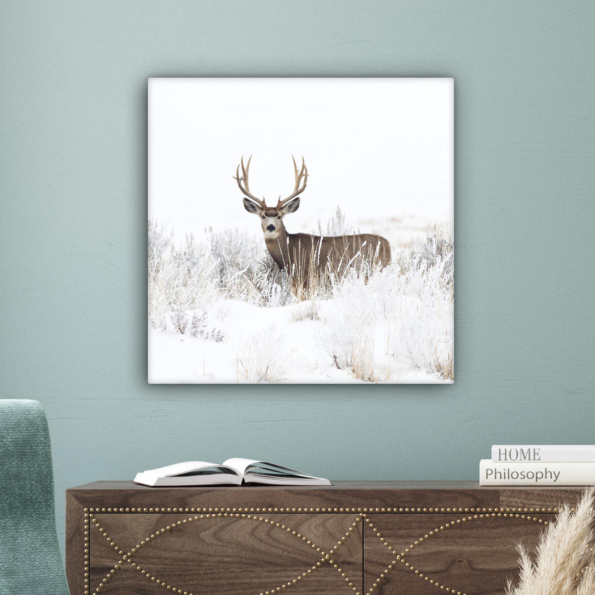 LEINWANDBILD Hirsche - Winter - Schnee - Tiere - Jahreszeiten - Weiß 50x50 cm - Hellbraun, Textil (50/50cm) - MuchoWow