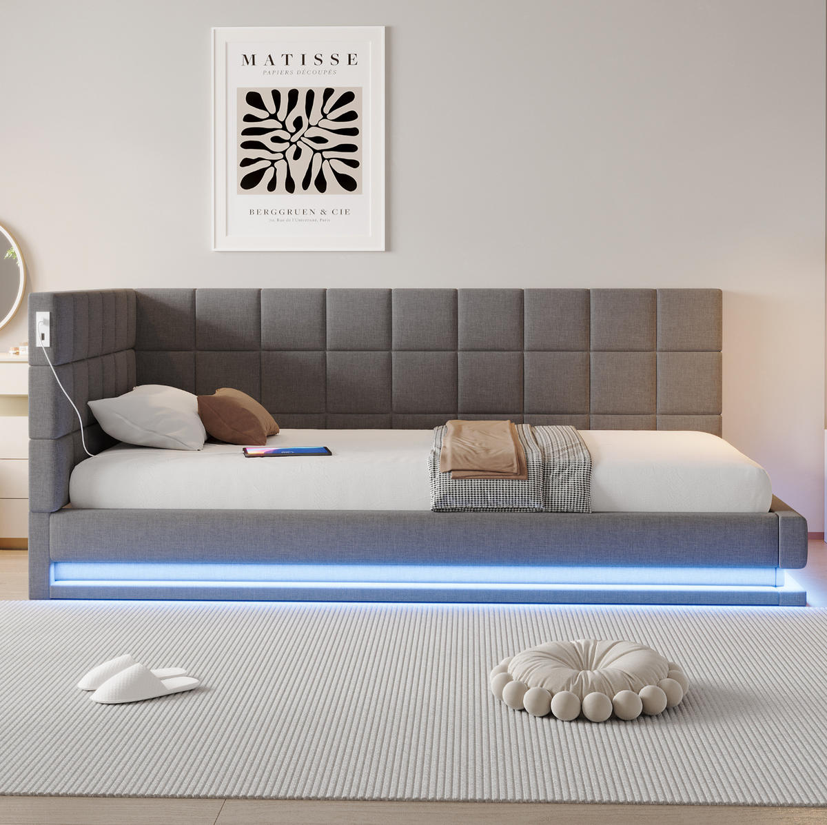 POLSTERBETT 90/200 cm grau aus Leinen mit LED-Lichtleiste und USB-Steckdose - Grau, Textil (90/200cm) - OKMYHOME