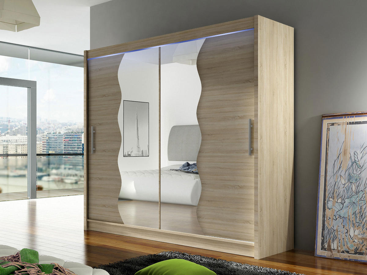 KLEIDERSCHRANK London X, mit RGB LED Beleuchtung - Silberfarben/Sonoma Eiche, Holzwerkstoff/Kunststoff (180/215/58cm) - MIRJAN24