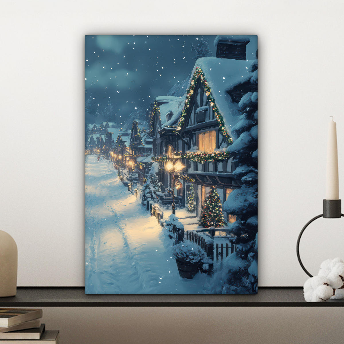 LEINWANDBILD Weihnachtsdorf - Weihnachten - Schnee - Winter Deko Wohnzimmer 20x30 cm - Dunkelblau, Textil (20/30cm) - MuchoWow