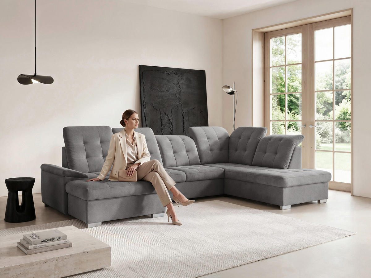WOHNLANDSCHAFT ANON Ottomane Rechts, mit Schlaffunktion und Bettkasten, Grau - Grau, Kunststoff/Textil (322/87/220cm) - Idohome