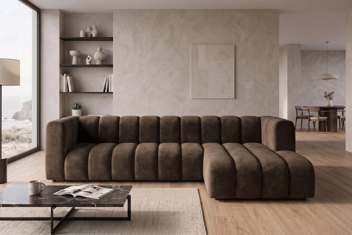 ECKSOFA Modulares In L-Form, Velvet-Stoff Riviera, Braun, Rechts, GRAND 318 cm - Braun, Holz (318/179cm) - Kaiser Möbel