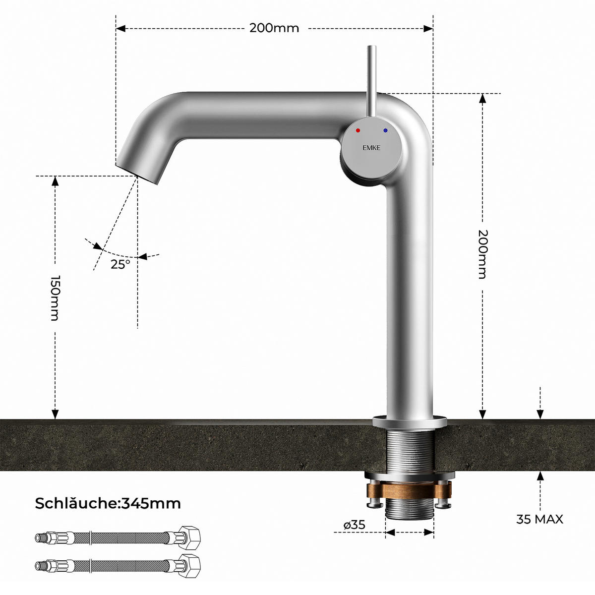 WASCHTISCHARMATUR Ventilkernzertifizierung Chrom 15cm - Chromfarben, Metall (20/7.6/22.2cm) - EMKE