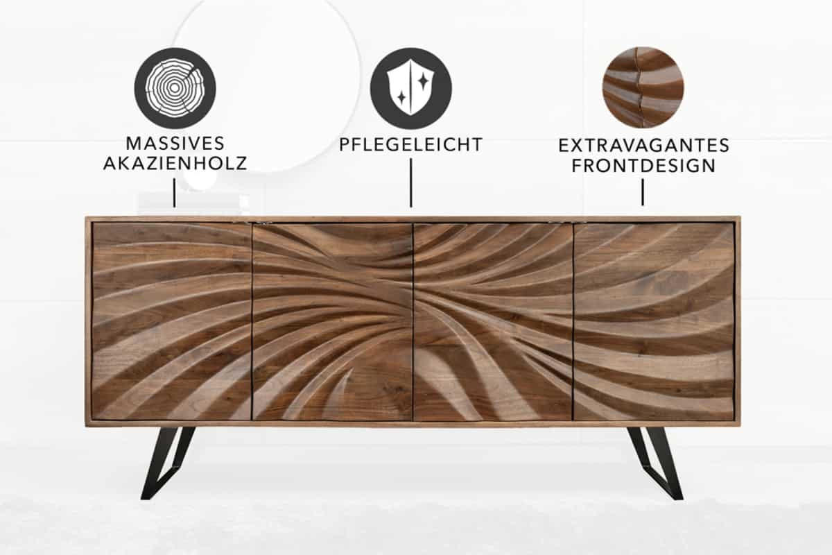 SIDEBOARD HURRICANE Akazie Braun 175cm - Schwarz/Braun, Holz/Metall (175/76/40cm) - riess-ambiente