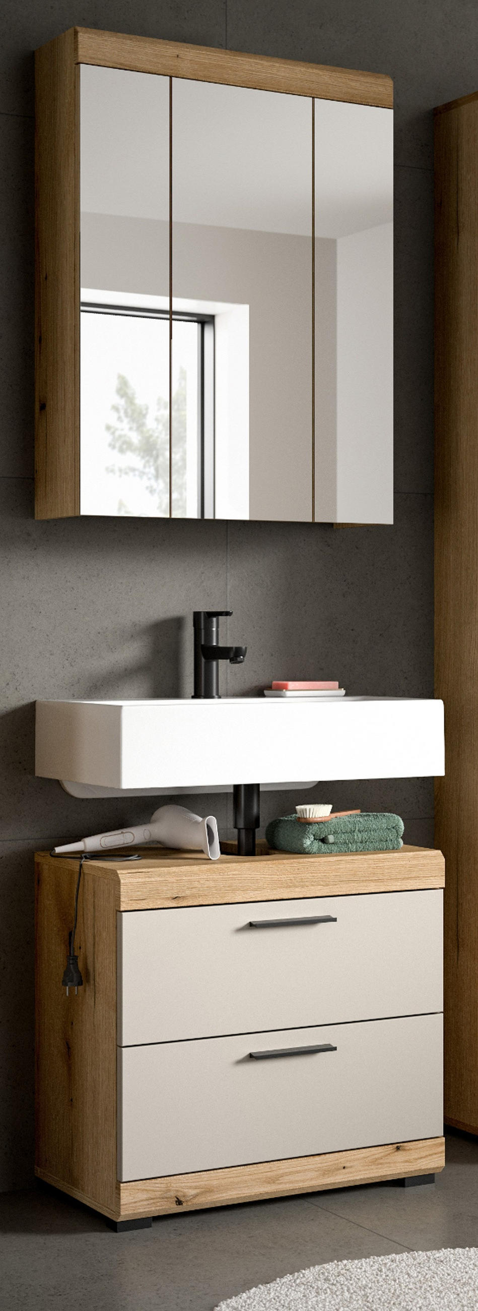 BADMÖBEL Set 2-teilig in Sand Kashmir und Evoke Eiche Badkombination 60 x 191 cm Shawn - Kaschmir/Eichefarben, Glas/Holzwerkstoff (60/191/37cm) - Inn.Furn