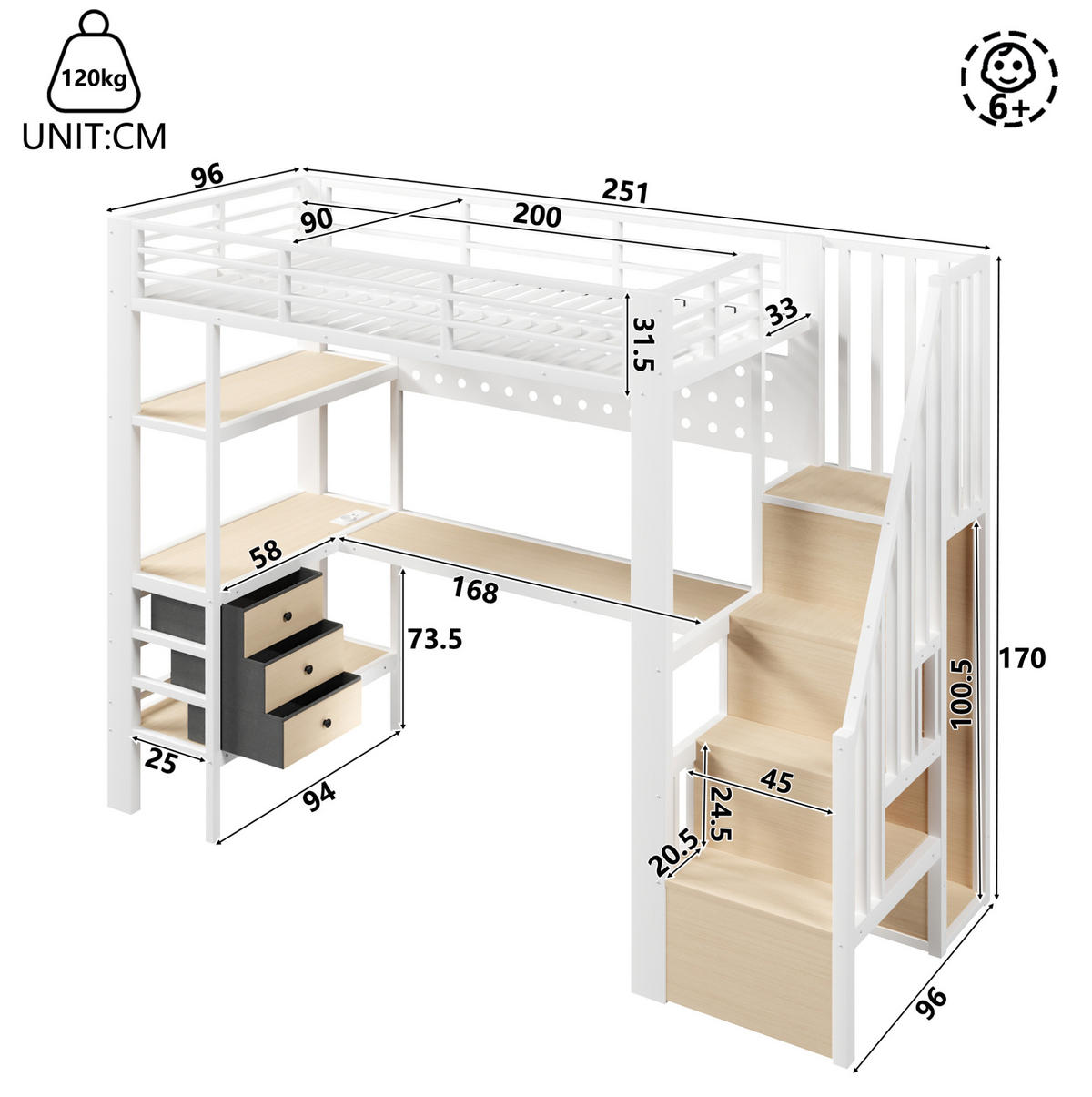 HOCHBETT 90/200 cm aus Metall und MDF mit Schreibtisch, Stauraum und LED-Beleuchtung Weiß - Weiß, Holzwerkstoff (90/200cm) - Modenvie